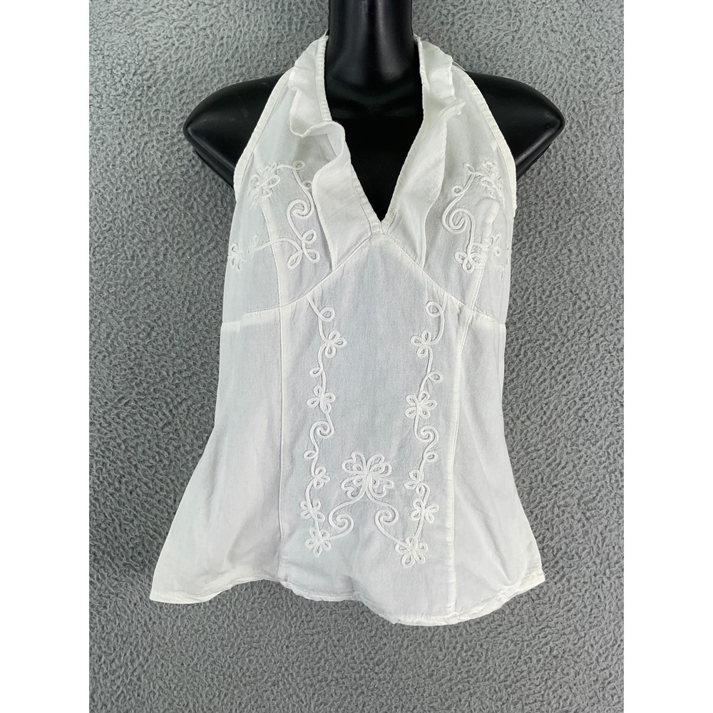 La Cotonniere Halter Top Womens M White Embroidered Boho Cotton Ruffle Smocked